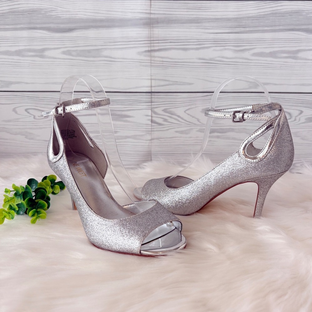 Nine West "Gentle" Silver Glitter Peep Toe Ankle Strap d'Orsay Heels